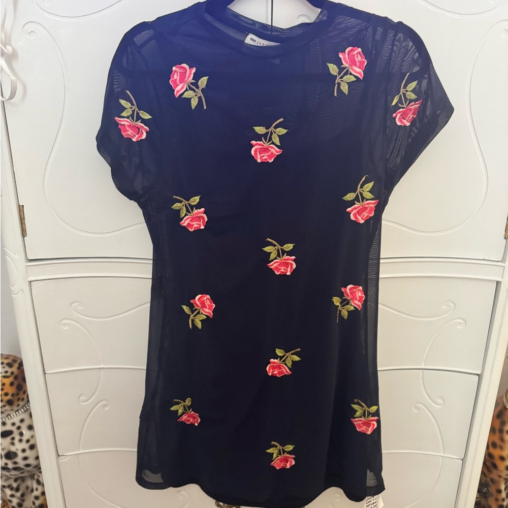 Navy Mesh Dress with Rose Embroidery
